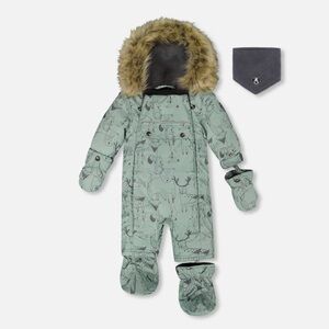 Grey Dino Baby Snowsuit with Fur Hood